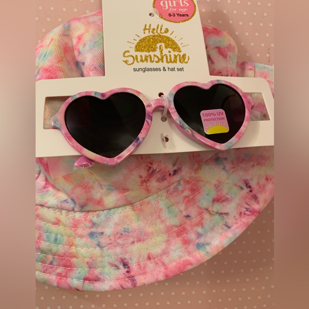 Girls sun bucket hat & sunglasses-100% UV protection. Heart 💜 shape tie dye
